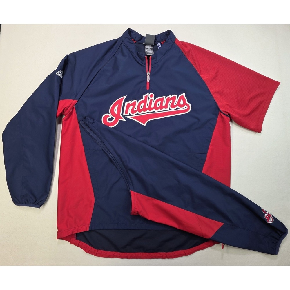 Cleveland Indians Jacket REMOVABLE Sleeves Men L Chief Wahoo CoolBase Cage Shirt